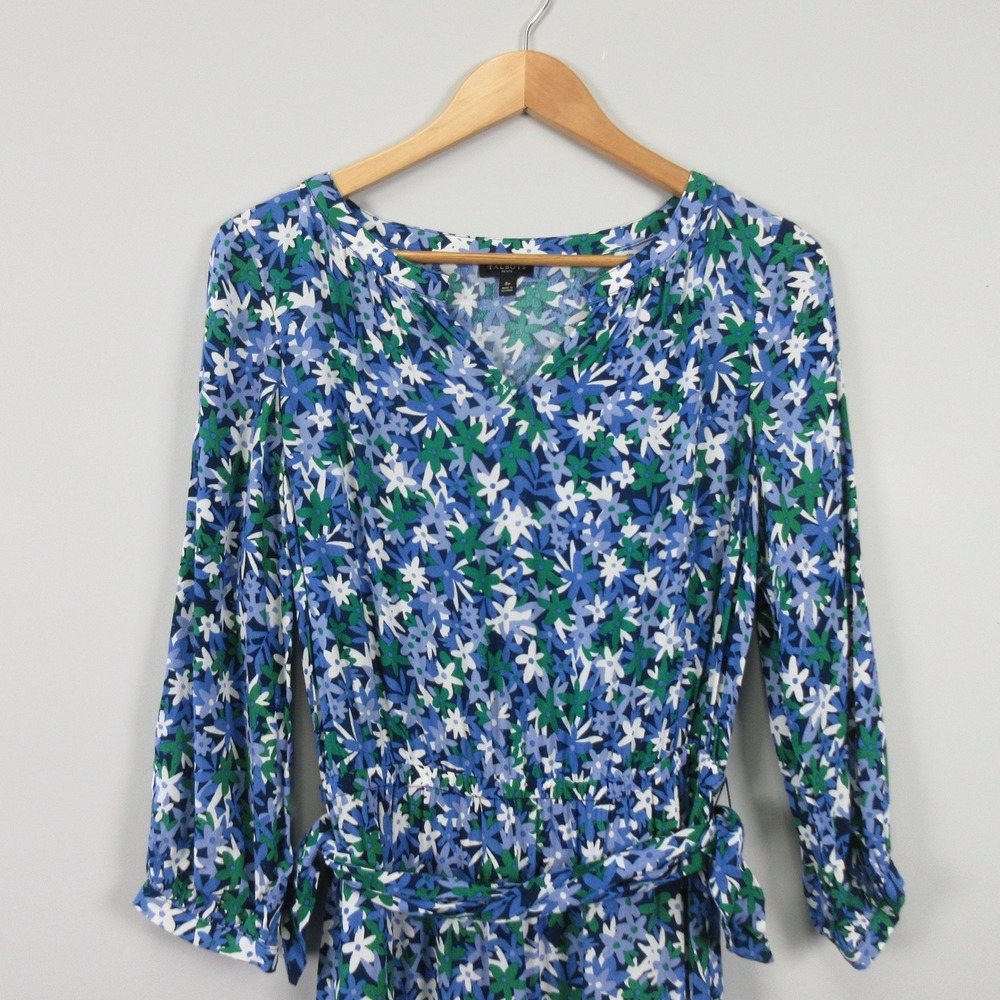 Talbots Floral Midi Dress Blue Green V Neck Long Sleeve Belted Size 8 Petite